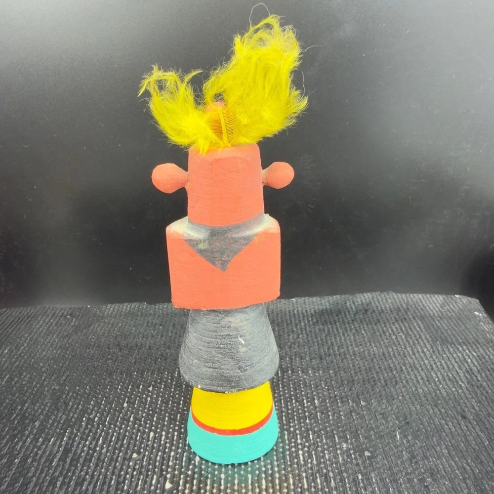 Vintage Hand Painted Wooden Mudhead Kachina Doll Yellow Feathers Folk Art Signed